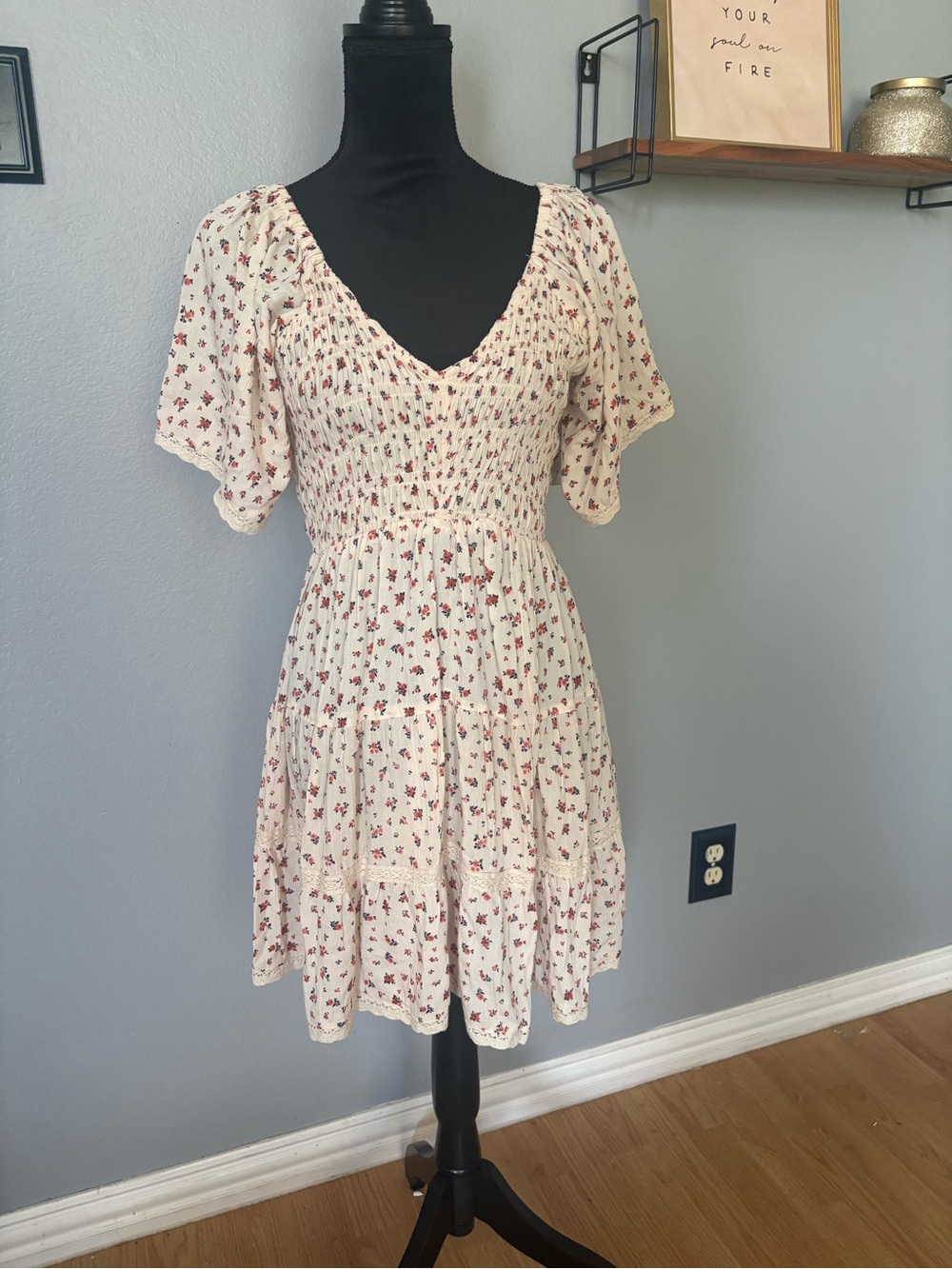 Angie Cream Midi Dress with Red Floral Print